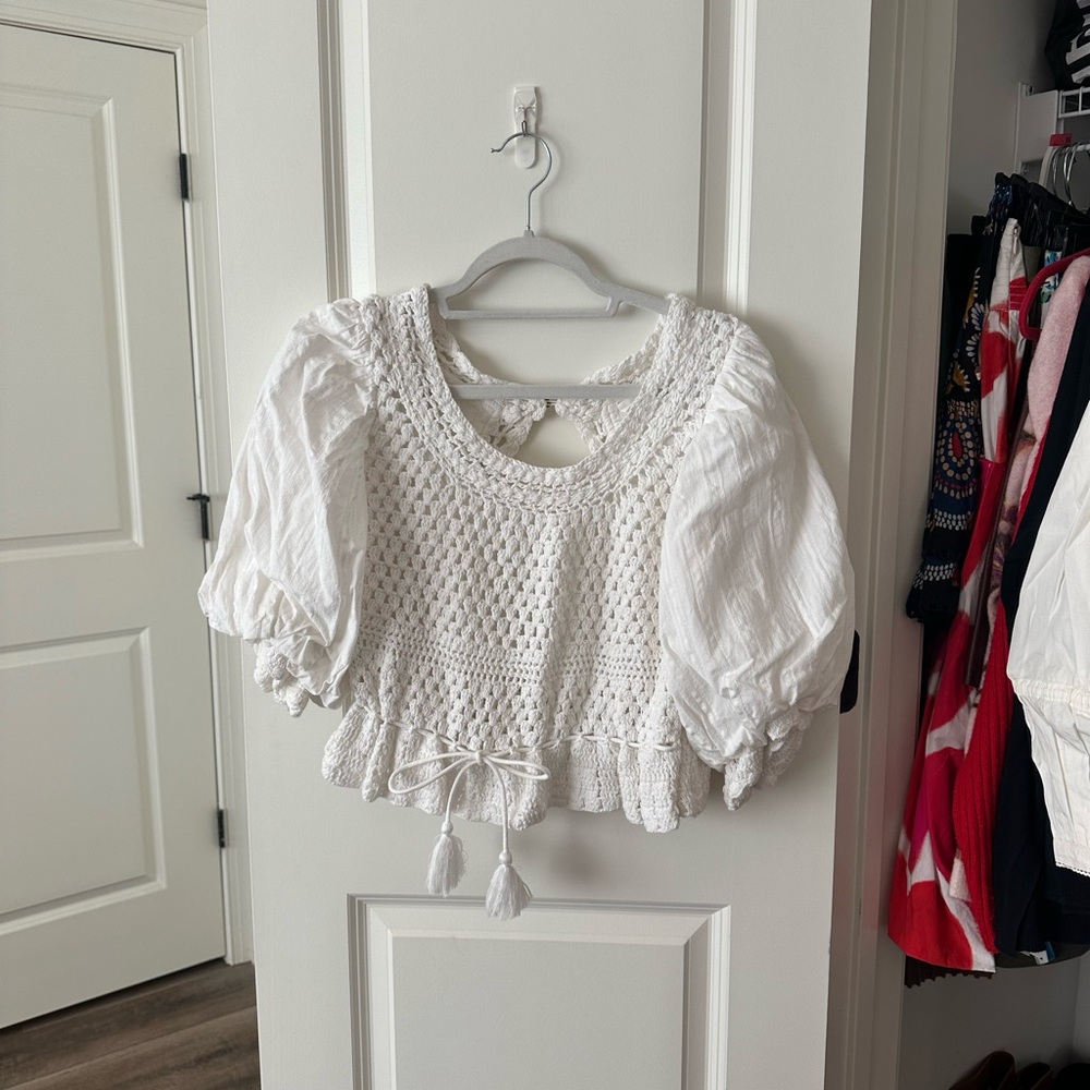 White Crochet Peasant Blouse with Puff Sleeves